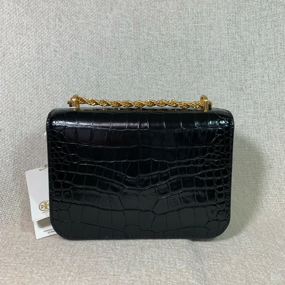 Tory Burch Black Croc-Embossed Mini Shoulder Bag with Gold Logo